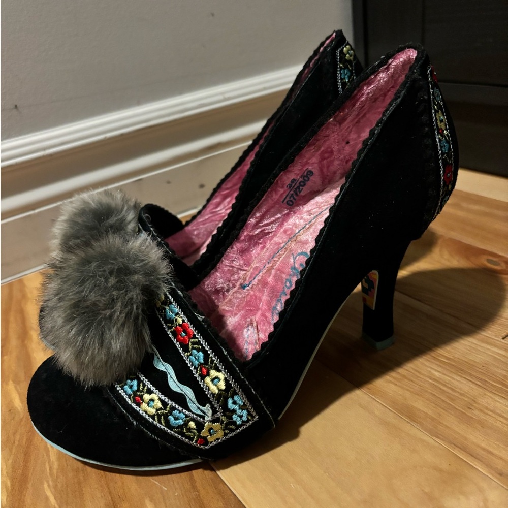 Vintage 2009 Irregular Choice suede embroidered pompom heels, size EU 38